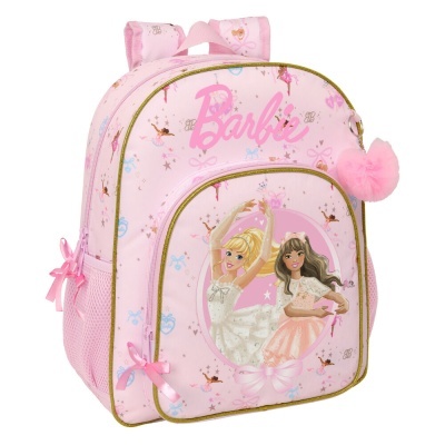 Mochila rosa Barbie com desenho de bailarinas e pompom cor-de-rosa