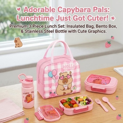 Conjunto de almoço rosa com tema de capivara e acessórios cor-de-rosa
