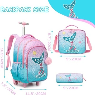 Conjunto escolar rosa e azul com cauda de sereia e estrela amarela