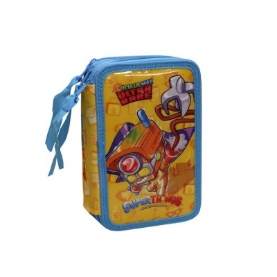 Estojo escolar colorido com personagem de desenho animado em fundo amarelo