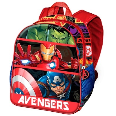 Mochila infantil Avengers com Hulk, Homem de Ferro e Capitão América em fundo colorido