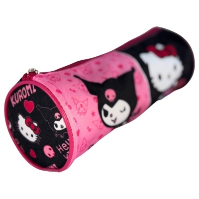 Estojo cilíndrico cor-de-rosa e preto com personagens Kuromi e Hello Kitty