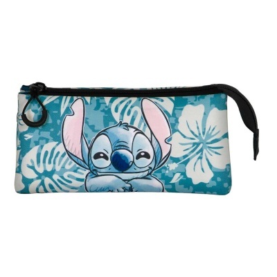 Estojo azul com flores brancas e personagem Stitch desenhado