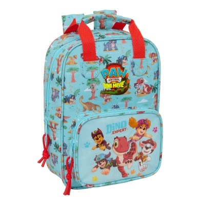 Mochila azul infantil com temas PAW Patrol e dinossauros