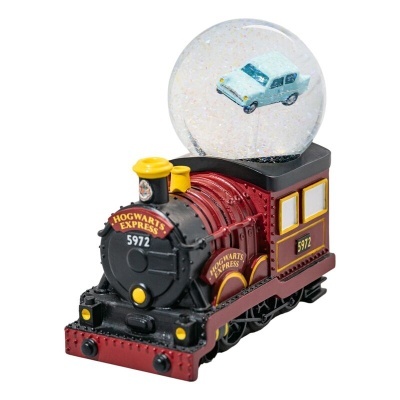 Figura de trem Hogwarts Express com bola de neve contendo carro azul