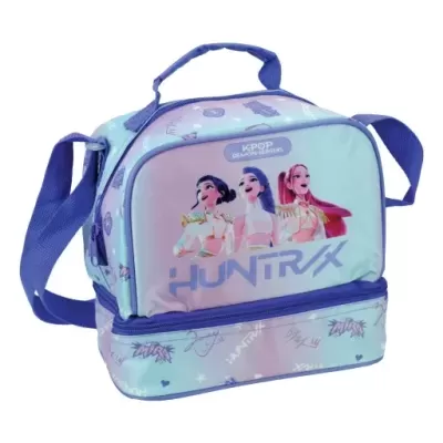 Mala de ombro azul e lilás com personagens e texto K-POP DEMON HUNTERS HUNTR/X