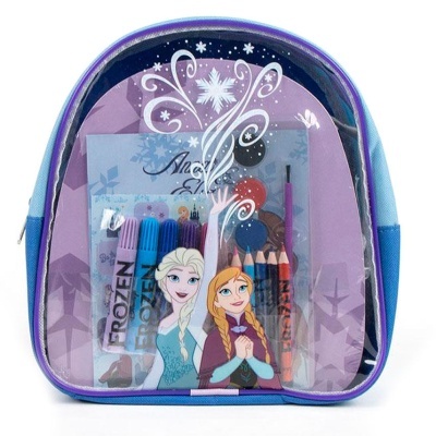 Mochila infantil transparente com personagens Frozen e material de desenho