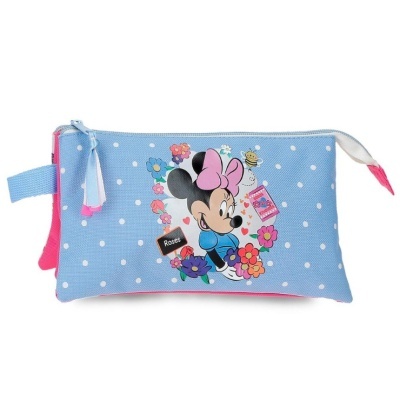 Estojo azul com bolinhas brancas e estampa da Minnie Mouse com flores