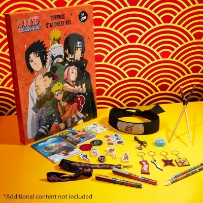 Conjunto de papelaria Naruto Shippuden com vários acessórios e caixa decorada