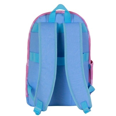 Mochila azul e rosa vista pelas costas com alças largas acolchoadas
