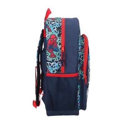 Mochila azul escura com padrão Homem-Aranha e detalhes vermelhos