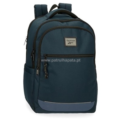 Mochila Reebok azul escura com múltiplos compartimentos e alças acolchoadas