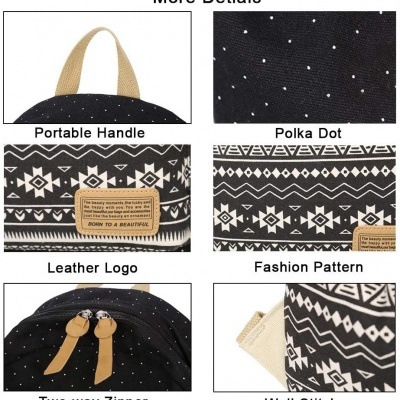 Mochila preta com padrão de bolinhas e padrões geométricos, alça bege, fecho bidirecional, logótipo de couro