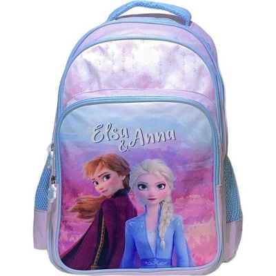 Mochila infantil azul e lilás com imagem da Elsa e Anna da Disney