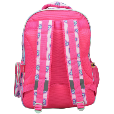 Mochila rosa com alças de coração vista de trás