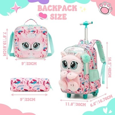 Conjunto mochila mochilete rosa estampada com pelúcia em forma de coelho e estojo combinando