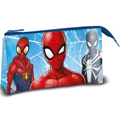 Estojo escolar Homem-Aranha com três personagens em azul e vermelho