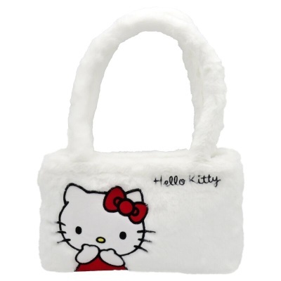 Mala pequena branca peluda com imagem da Hello Kitty e alça do mesmo material