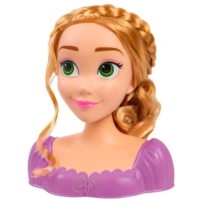 Busto de boneca com cabelo trançado e vestido roxo