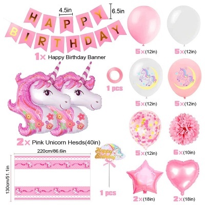 Conjunto de decoração de aniversário com balões e faixa aniversário unicórnio cor-de-rosa e branco