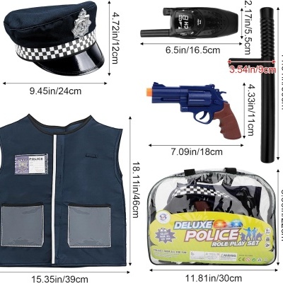 brinquedo de polícia com chapéu, colete, walkie-talkie, bastão, pistola, e embalagem