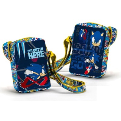 Dois sacos pequenos azuis com temática Sonic e textos I'M OUTTA HERE e SONIC LET'S GO