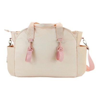 Mala de ombro creme com detalhes rosa e alça longa ajustável