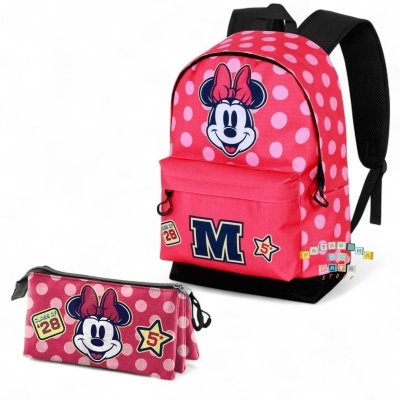 mochila e estojo rosa com bolinhas brancas e estampa da Minnie Mouse