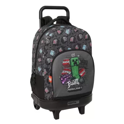 Mochila de rodas preta com padrão de cubos e personagem Minecraft verde
