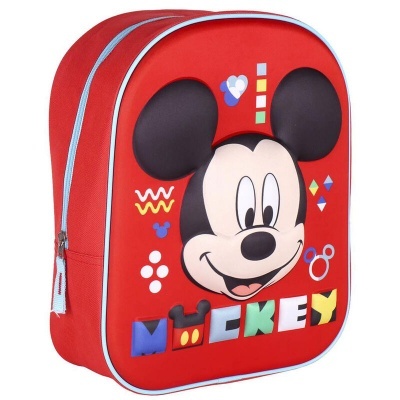 Mochila infantil vermelha com estampa do Mickey Mouse e zíper azul claro