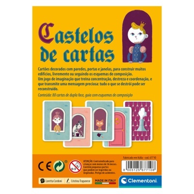 Pacote de cartas 'Castelos de cartas' com ilustrações coloridas e fundo amarelo.