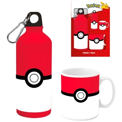 Conjunto Pokémon garrafa de metal e caneca cerâmica com padrão Pokébola vermelho e branco