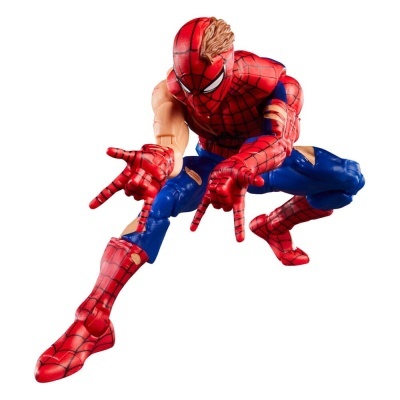 Figura de ação do Homem-Aranha com fato vermelho e azul e padrão de teia