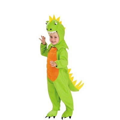 Fato infantil de dinossauro verde com barriga laranja e capuz com olhos e dentes