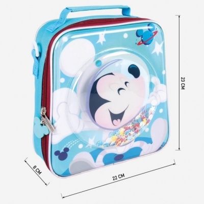 Mala azul clara infantil com personagem Mickey Mouse em círculo transparente e fecho vermelho