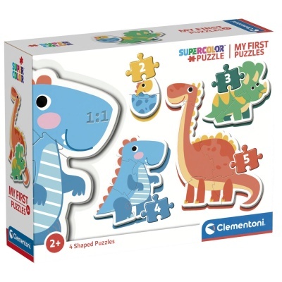 Caixa de puzzle infantil com 4 puzzles em forma de dinossauros coloridos numerados