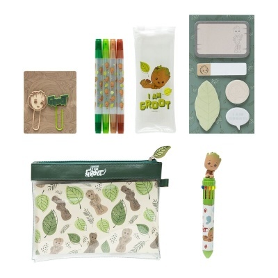 Conjunto de material de escritório com tema Groot em verde, branco e castanho