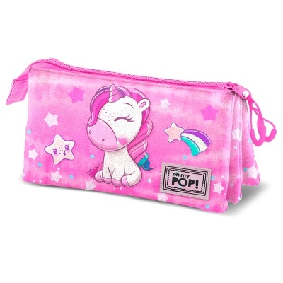 Estojo cor-de-rosa com unicórnio e estrelas, etiqueta 'oh my POP!'