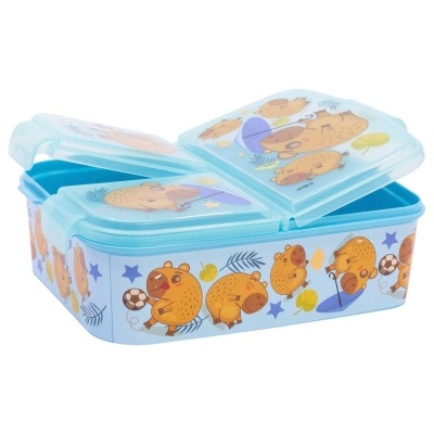 Caixa de snacks infantil azul com desenhos de porquinhos-espinhos