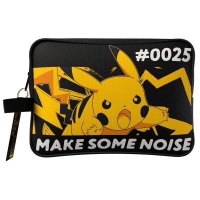 Estojo preto com estampa amarela do Pikachu e texto MAKE SOME NOISE