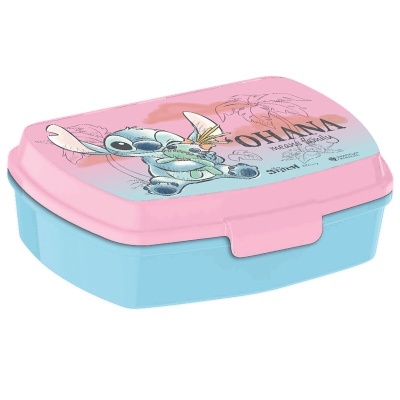 Caixa de lanche azul com tampa rosa e personagem Stitch