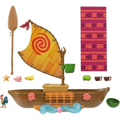 Brinquedo de barco com vela amarela e acessórios coloridos