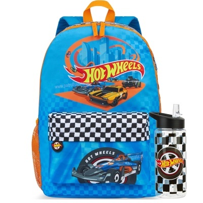 Mochila azul Hot Wheels com padrão xadrez e garrafa com logo