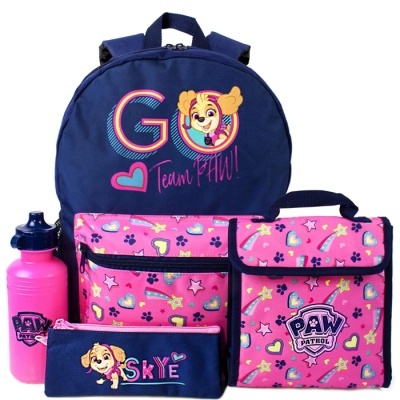Conjunto de mochila e acessórios cor-de-rosa e azul com personagens e texto PAW Patrol