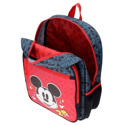 Mochila infantil vermelha e azul escuro com estampa do Mickey Mouse
