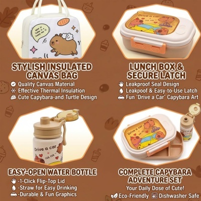 Conjunto com bolsa térmica, marmita, garrafa de água com desenhos de capivaras e estampa Drive a car.