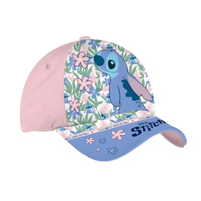 Boné infantil rosa e azul com padrão floral e personagem Stitch da Disney