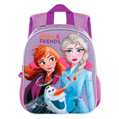 Mochila infantil lilás com personagens Anna, Elsa e Olaf e texto Love & FRIENDS.