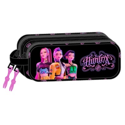Estojo escolar preto com personagens e texto HUNTRIX em rosa
