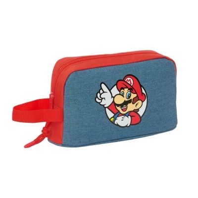 Necessaire azul com imagem do Super Mario e detalhes vermelhos